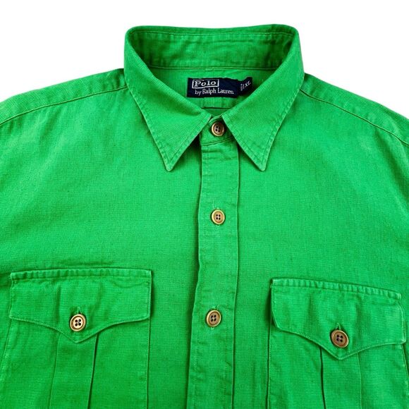 Vintage Polo Ralph Lauren Shirt Men's XL Green Linen Blend Chest Pockets Utility - Picture 1 of 9
